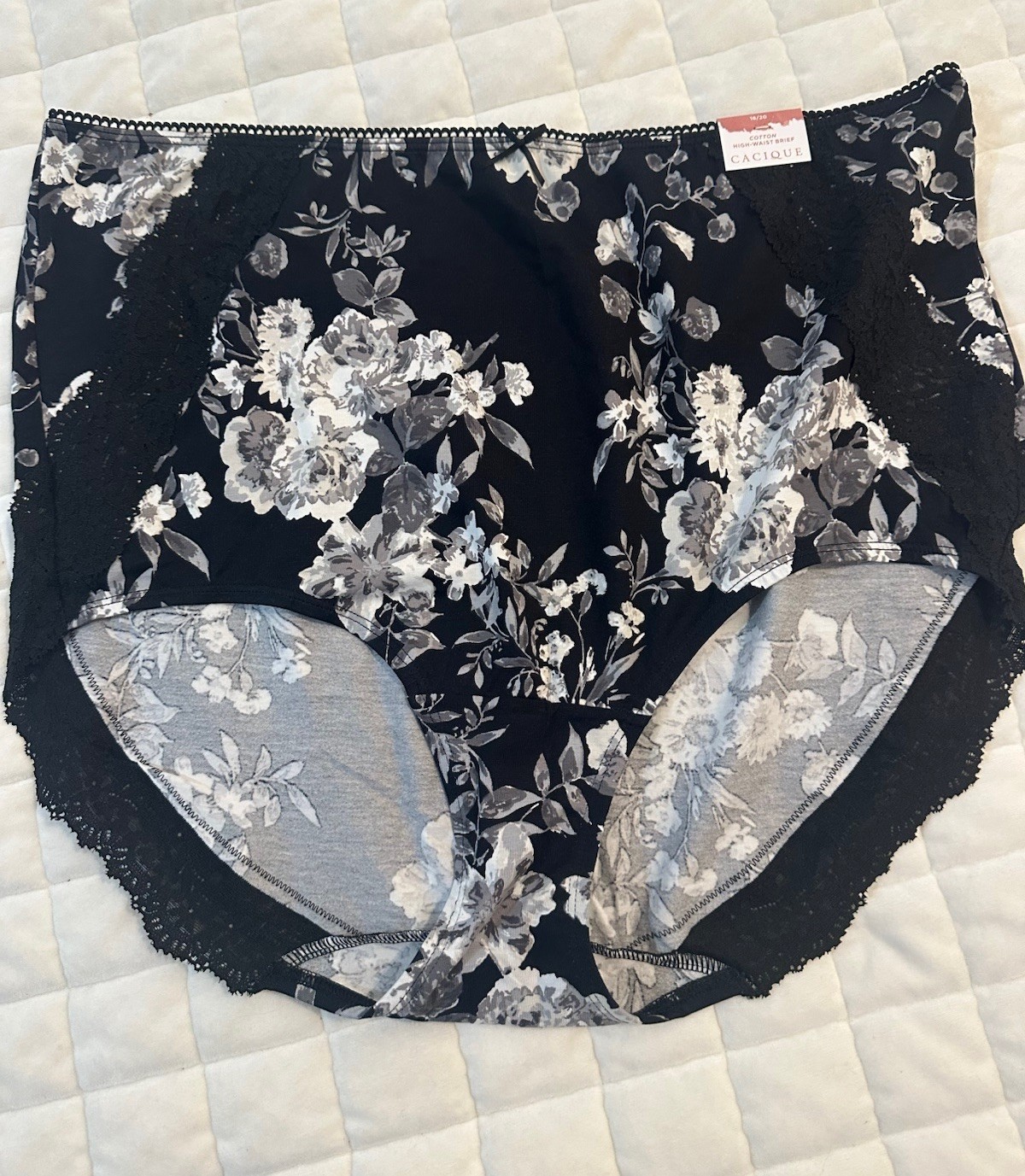 Plus 18/20 Lane Bryant Cacique Full Brief Cotton Panty Black Gray White Daisy