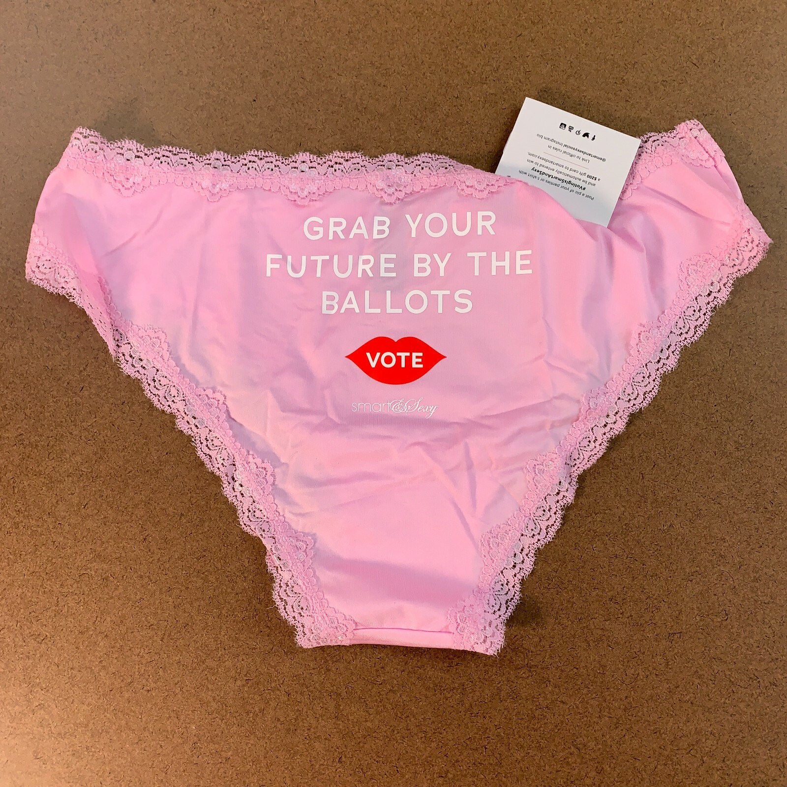 Smart & Sexy Women’s Size Large Pink VOTE Graphic Lace Trim Cheeky Panties NWT