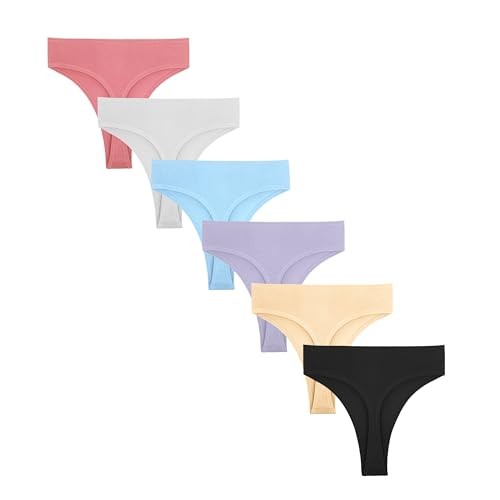 6 Pack Women’s Ribbed Cotton Thongs High Waist Panties Large 6 Pcs High Thong-a