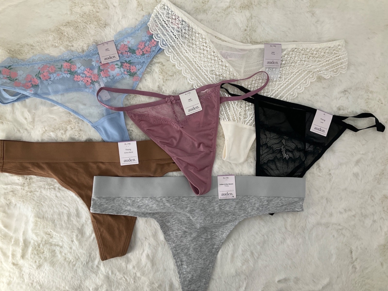 Auden size XL (16) 6 pairs THONG Panty Women’s NEW Cotton & Lace LOT