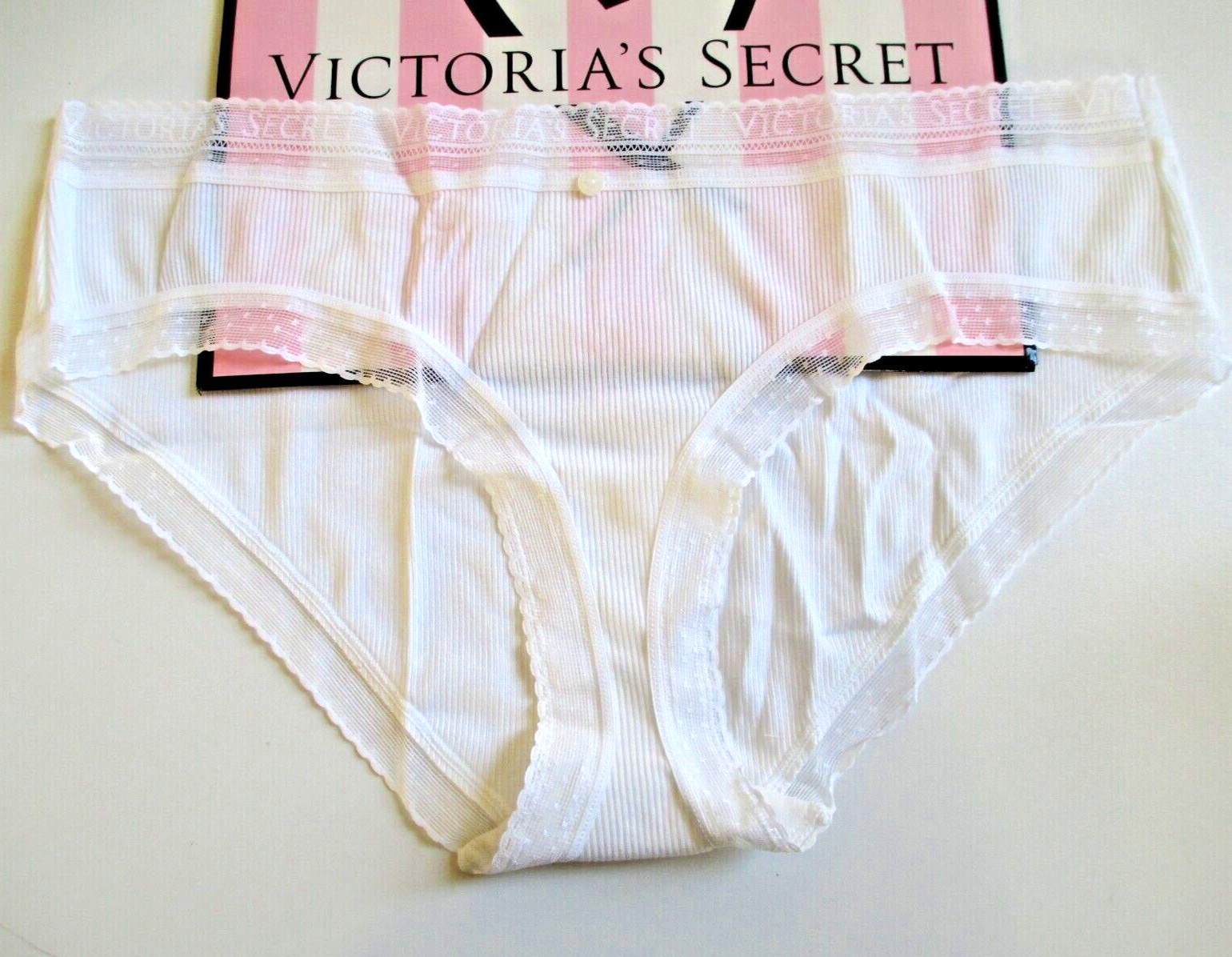 VICTORIA’S SECRET White Ribbed Cotton Hiphugger Panty XL 2XL Button Lace Trim VS