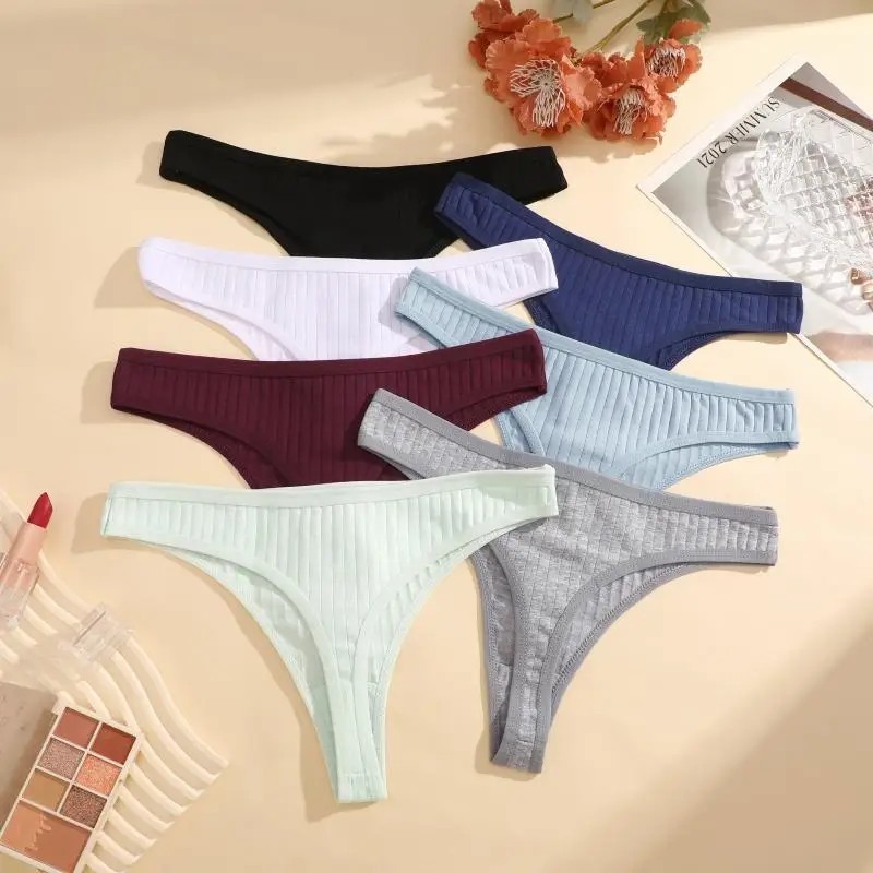 8 PCS Sexy Women Seamless Thong Panties Cotton Low Rise Soft Ribbed G-String Set