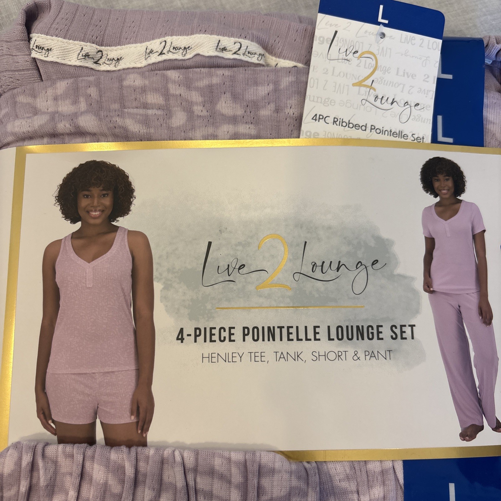 Live2Lounge Women’s 4‑Piece Pointelle Pajama Lounge Set Purple Size Large NWT