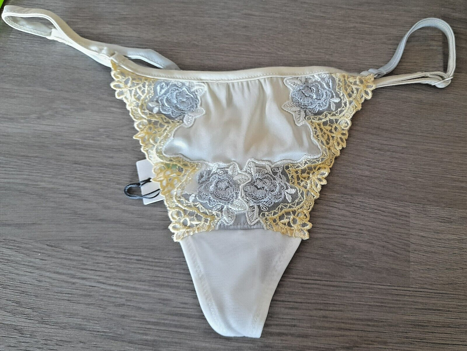 Argentovivo PARINA Silk/Sheer Ivory Mesh Gold/Silver Rose Embroidered G-String