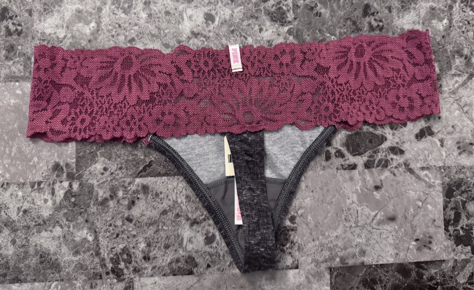 VICTORIA’S SECRET PINK S SMOOTH SOFT GRAY BEGONIA PINK LACE RARE THONG PANTIES