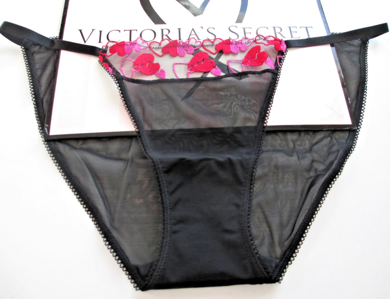 VICTORIA’S SECRET PINK Wink String Bikini Panty S M L XL Black Hearts Embroidery