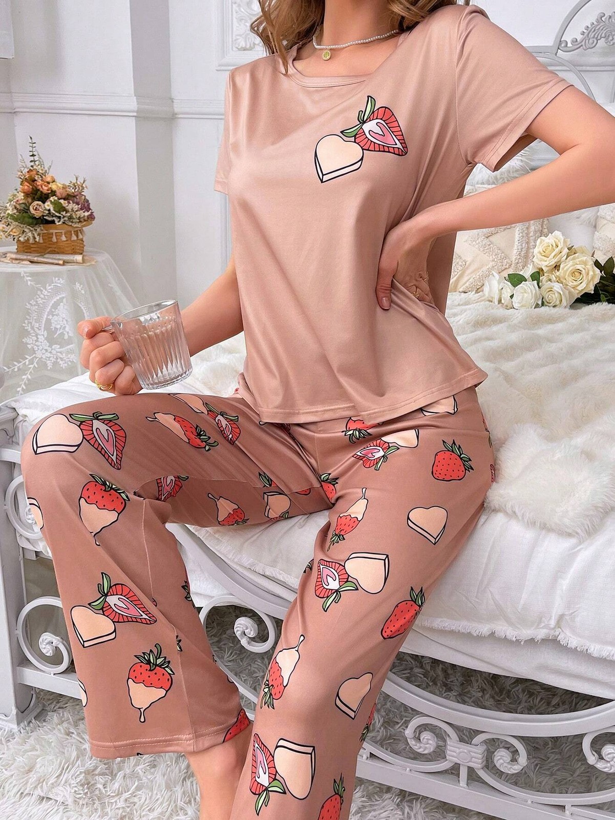 Ladies Strawberry Print Short Sleeve T Shirt And Trousers Pyjama Set For Cheap24
