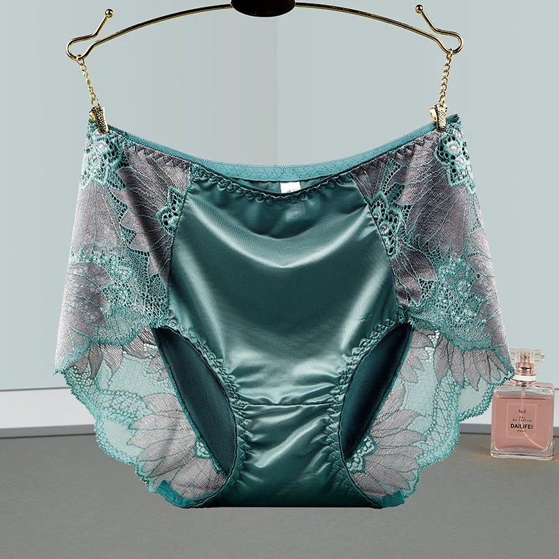 Floral Embroidery Briefs Mid Rise Satin Feel Breathable Panties Women Soft