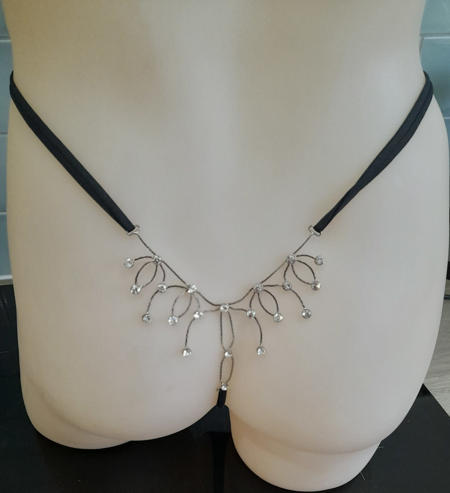 Janet Reger London Sheer Black Mesh String G-String Diamantes Over Back