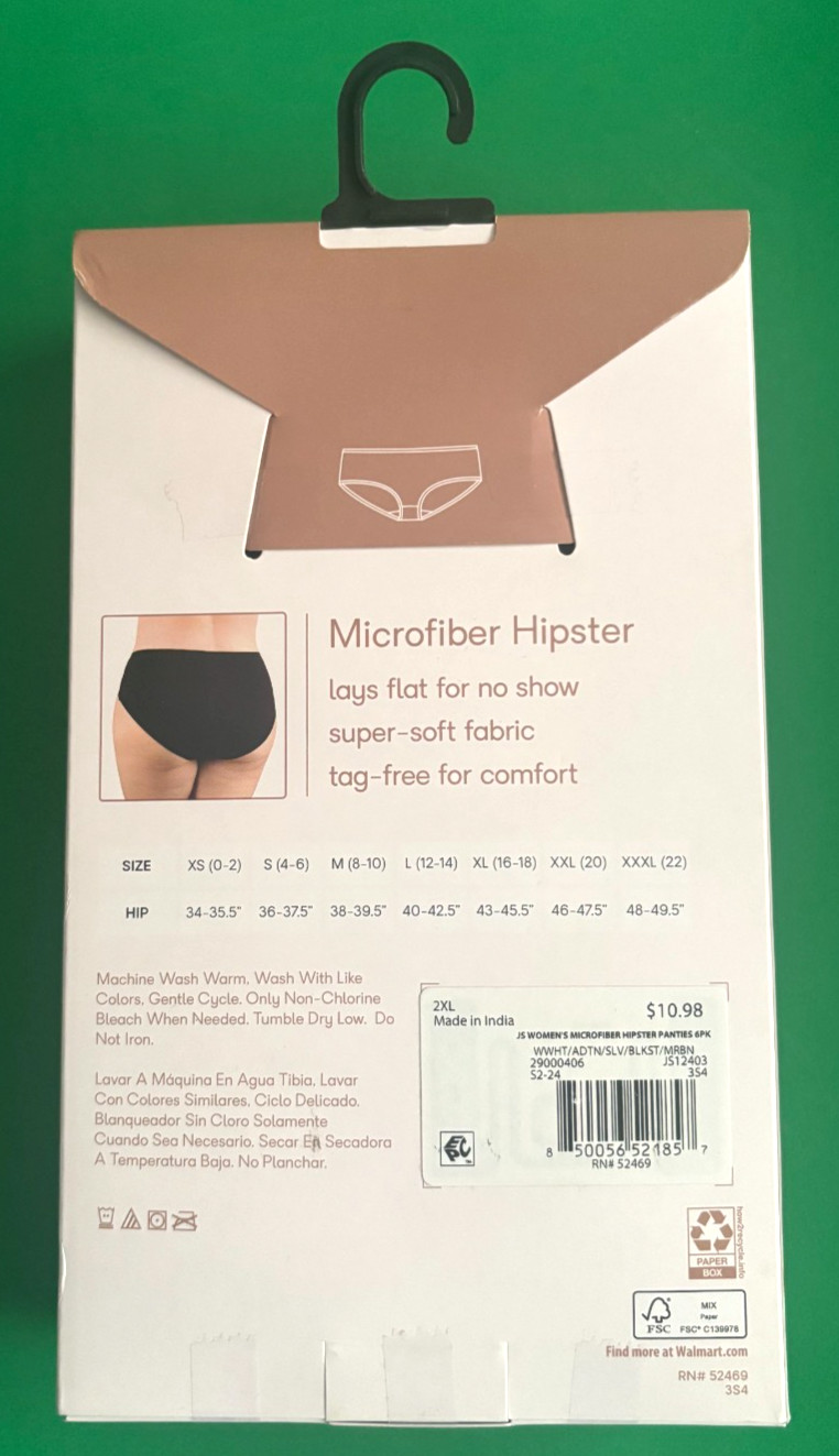 Joyspun Microfiber Hipster XXL (20) Panties, 6-Pack, New In Box, Free Shpg