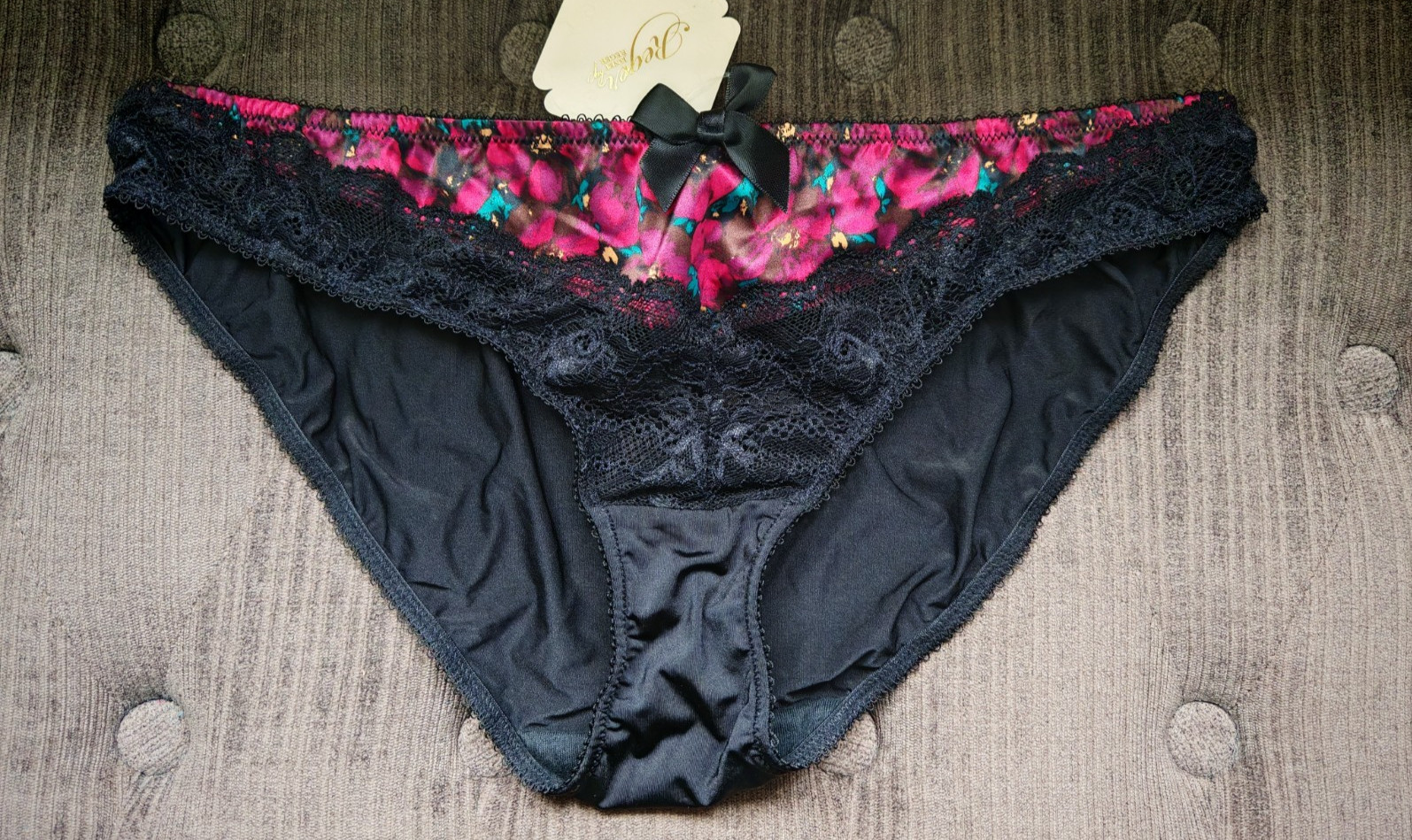 Janet Reger Black & Pink Floral Satin Hipster Knickers Size 10 Petite