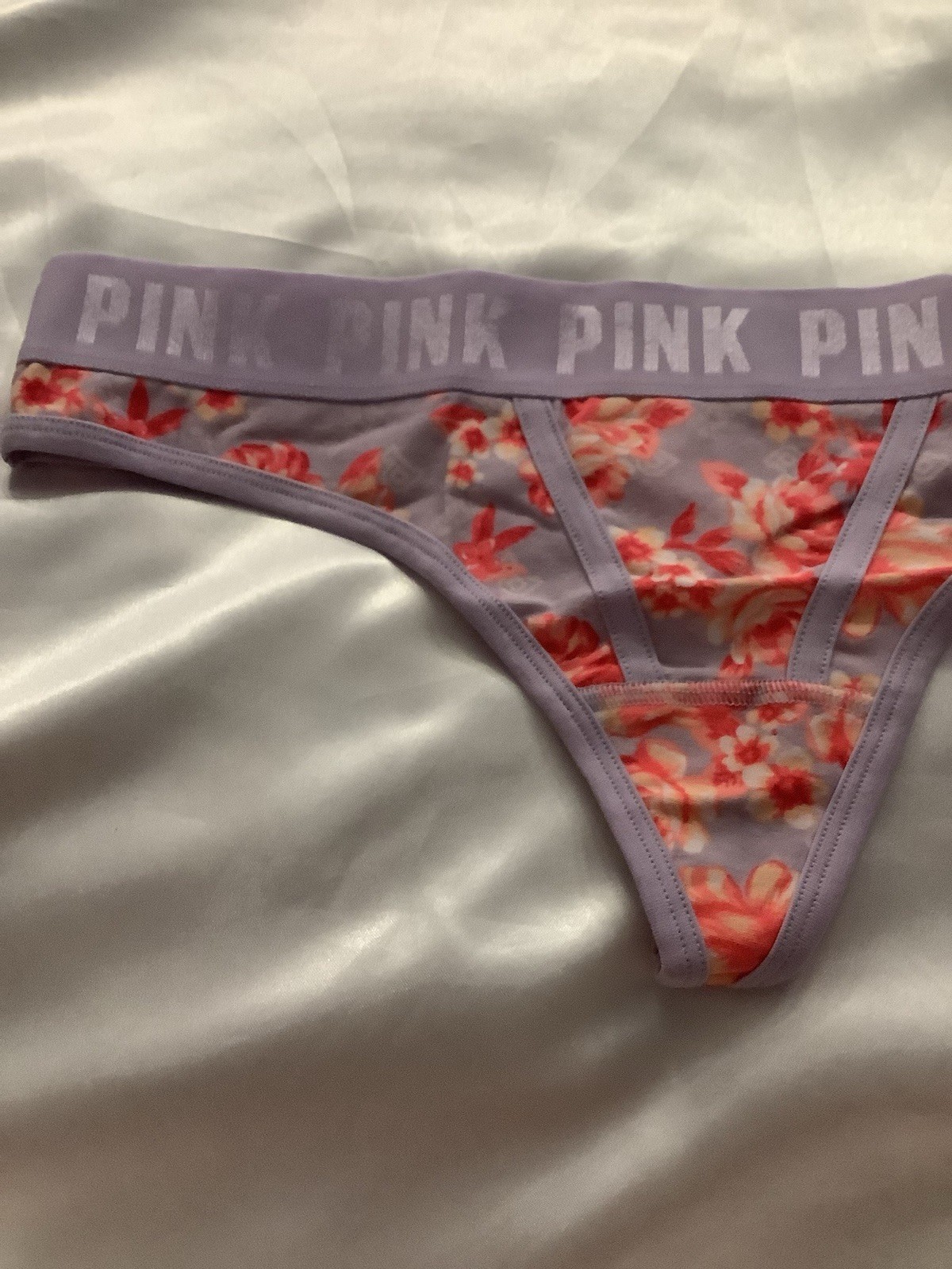 Victoria’s Secret PINK Women’s Thong Panties Purple Floral Boy Binding 1pk Large