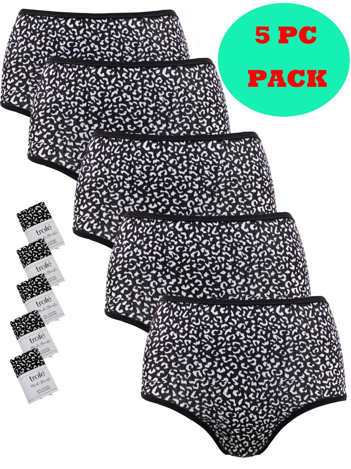 Bargain 5PC Pack of Animal print cotton rich midi briefs Size UK 16