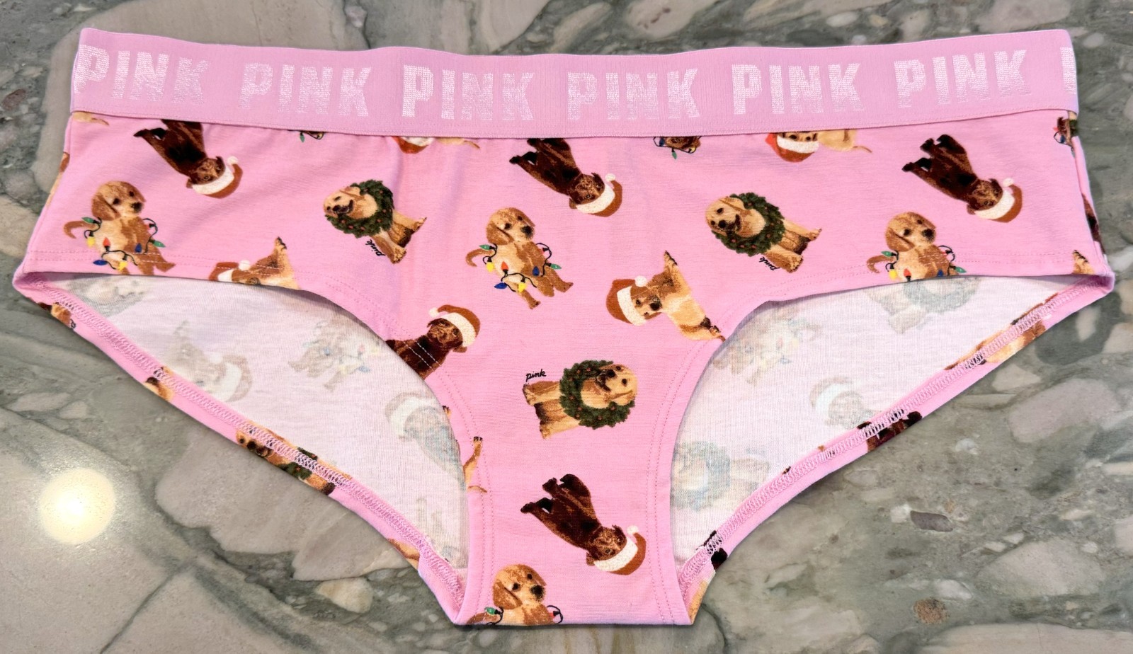 NEW Victoria Secret PINK Cotton Logo Hipster Panty – Pink Holiday Dogs – XL