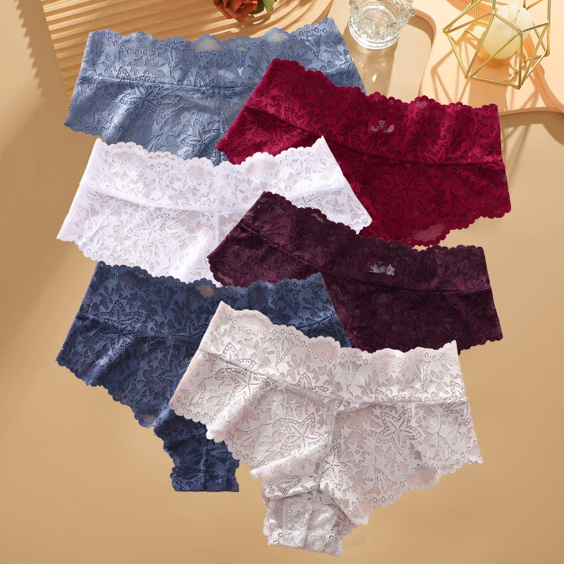 High Waist Lace Panties Plus Size Seamless Women Breathable Underwear 6 Pcs