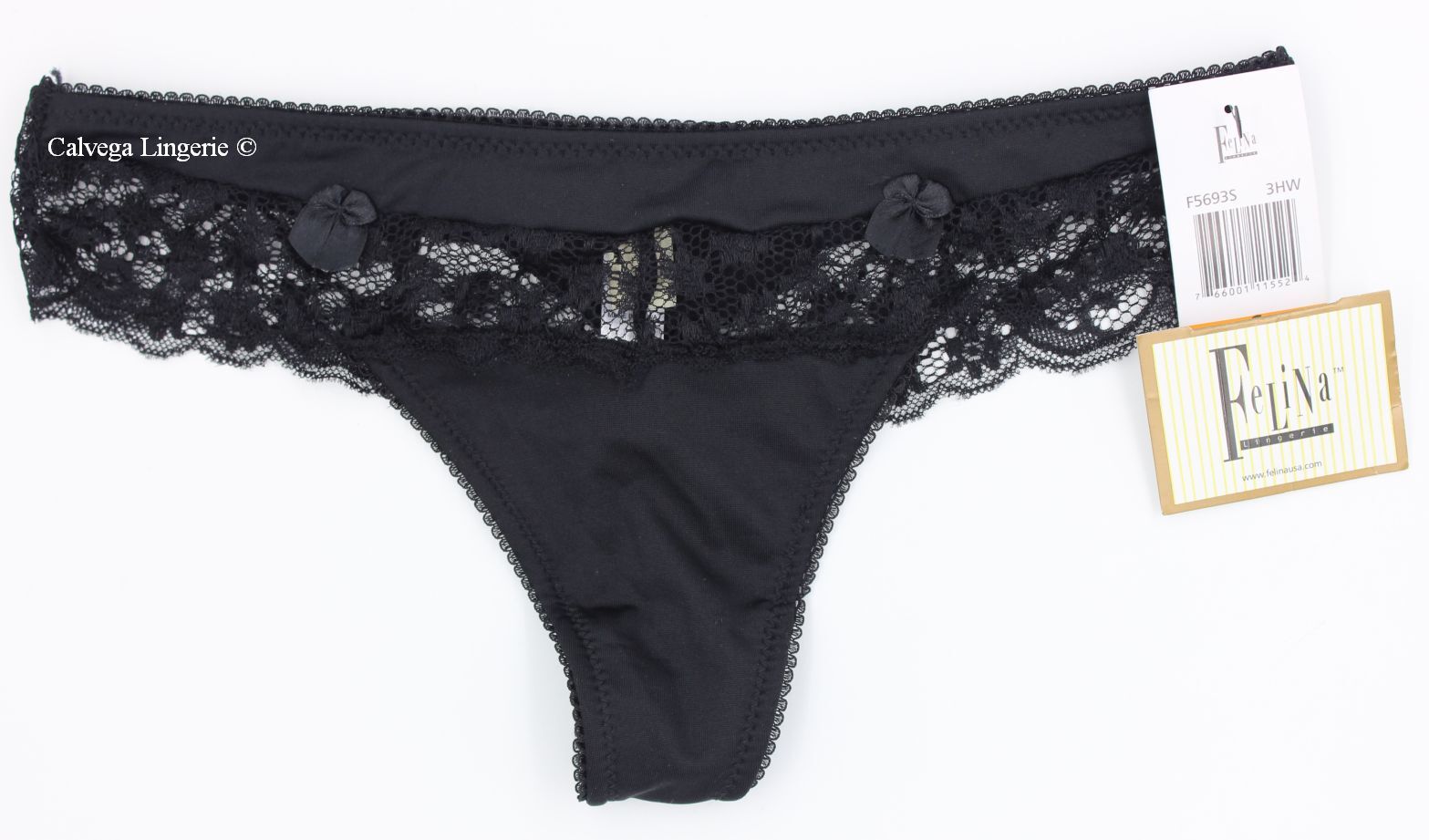 NWT FELINA F5693 “Summer Time” Low Rise Nylon w/ Lace Trim Thong, Black