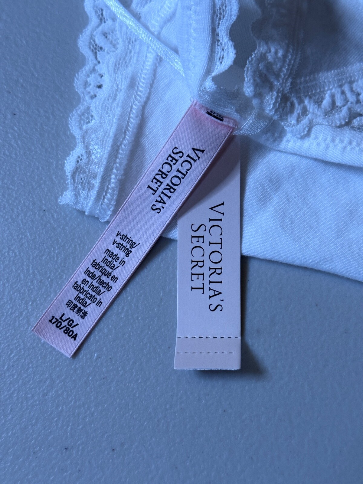 New Victorias Secret Underwear Large Womens White V String Lace Trim Stretch