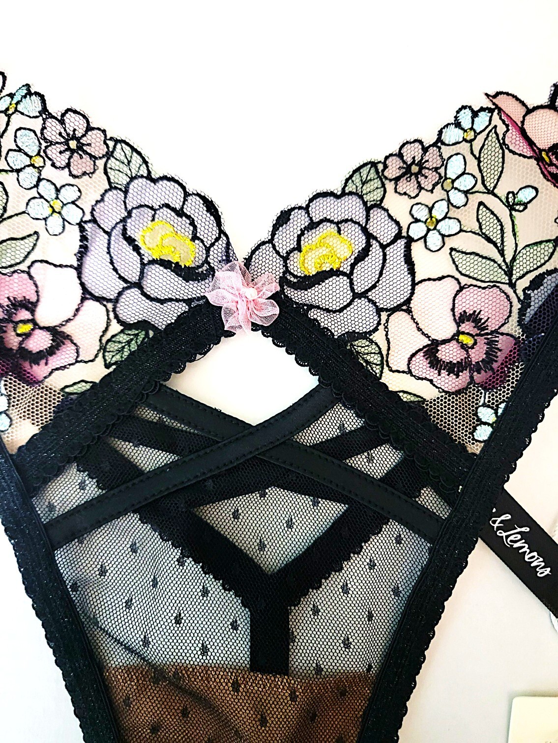 For Love and Lemons XL Clara Black Floral Strappy Thong Panty Birthday Gift New