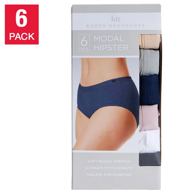 Karen Neuburger Womens 6 Pack Large Modal Hipster Panties – Black Pink Gray Blue