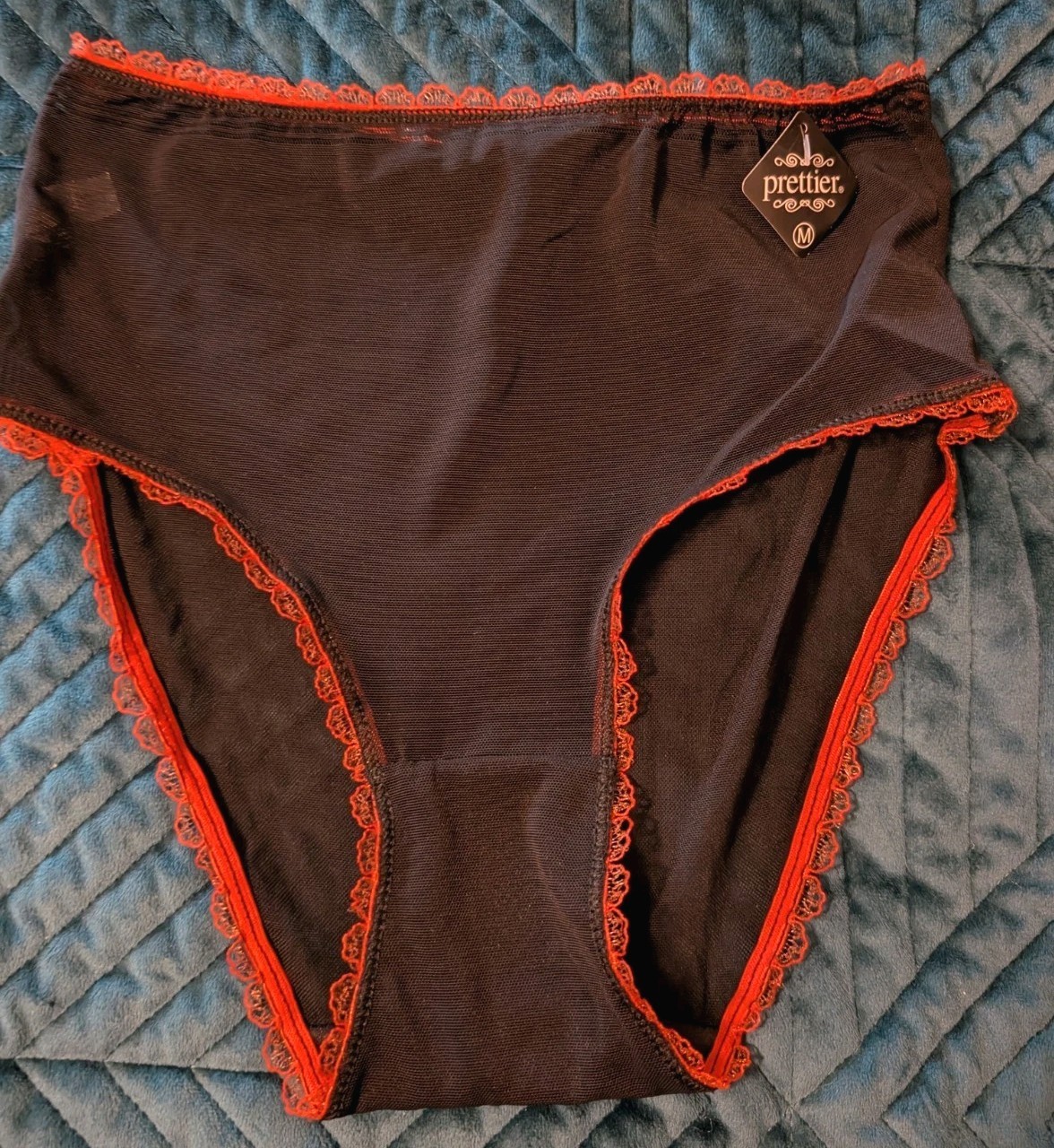 Prettier Brand Women’s Silky Panties Black Orange Ruffle Size Med Sheer NWT