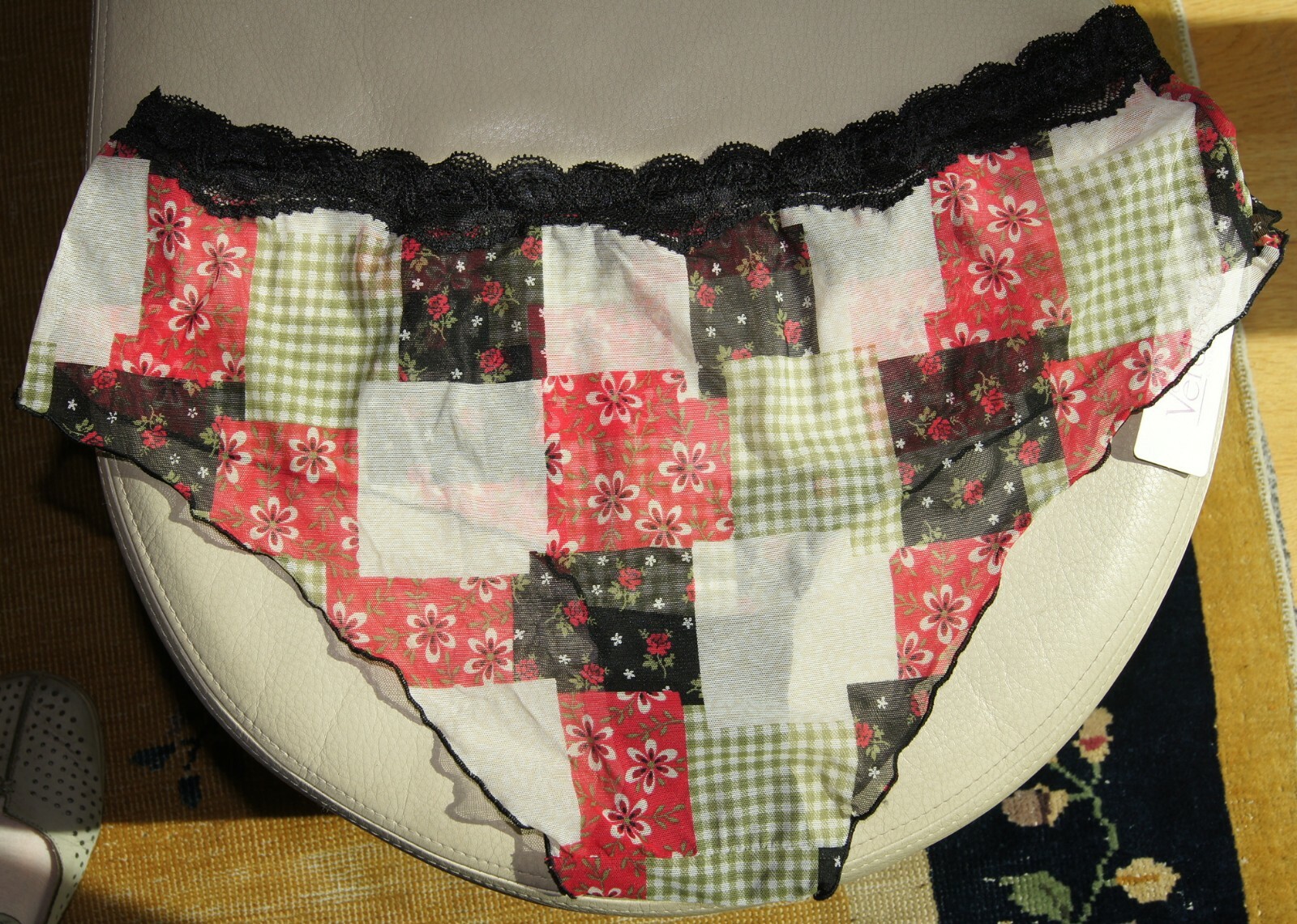 Verdissima Sheer Wide Sided Black Lace/Multi “Patchwork” Brief
