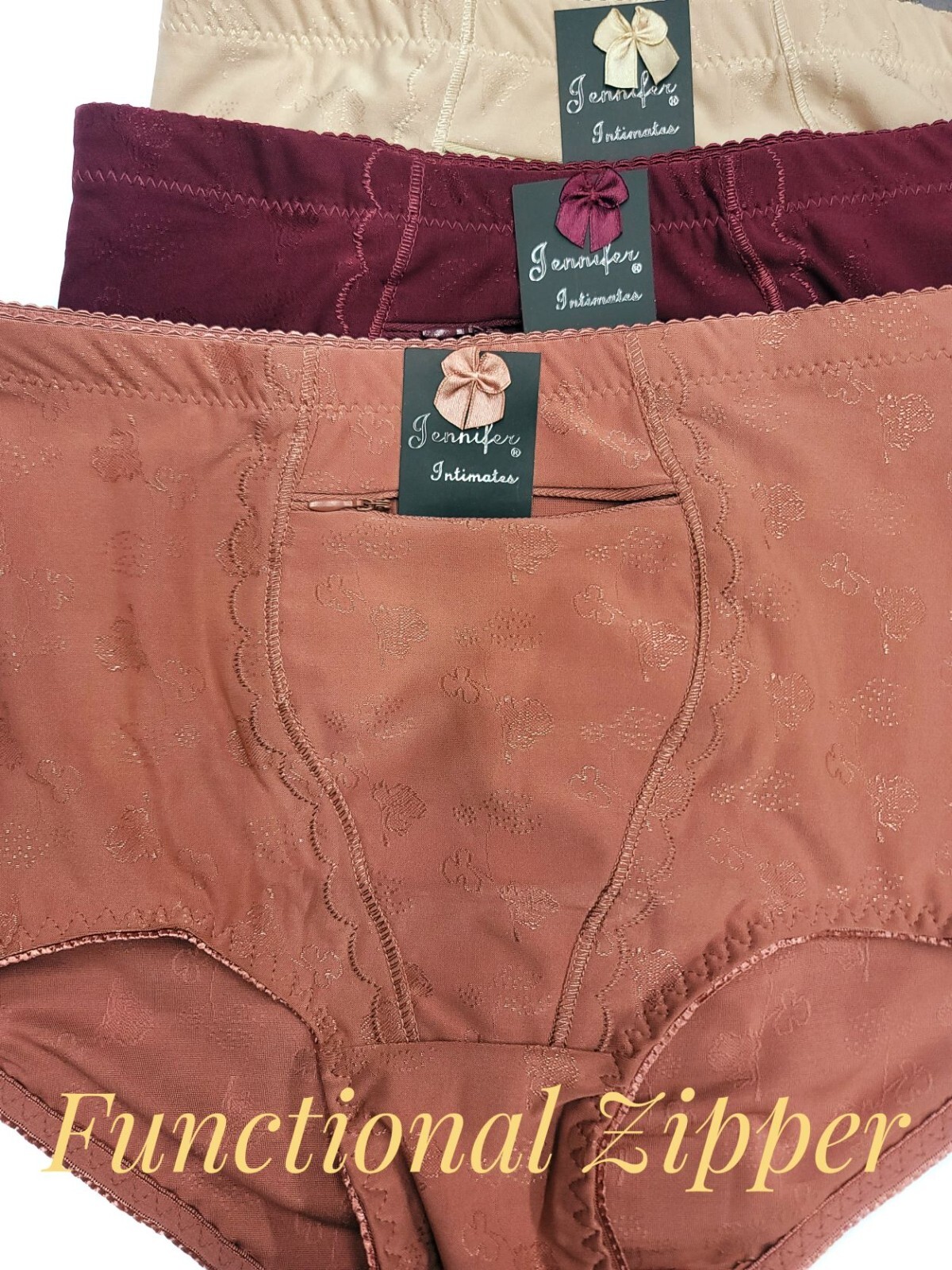 Women High Waist Tummy Control Jacquard Functional Zipper Girdle Brief Panties
