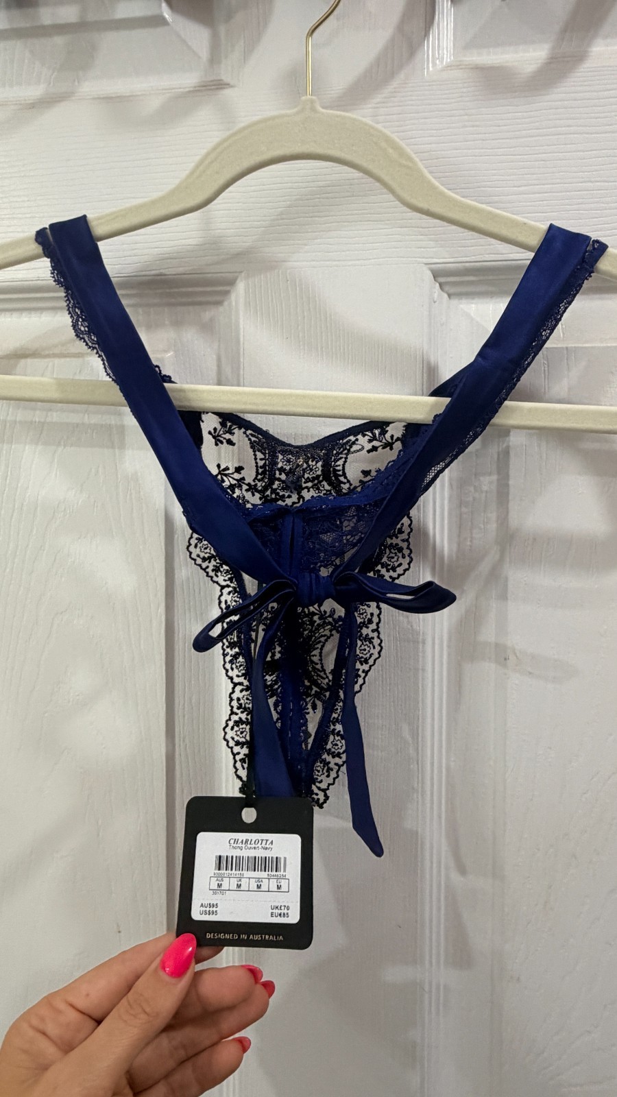 DISCONTINUED NWT Honey Birdette Navy Charlotta Thong size M