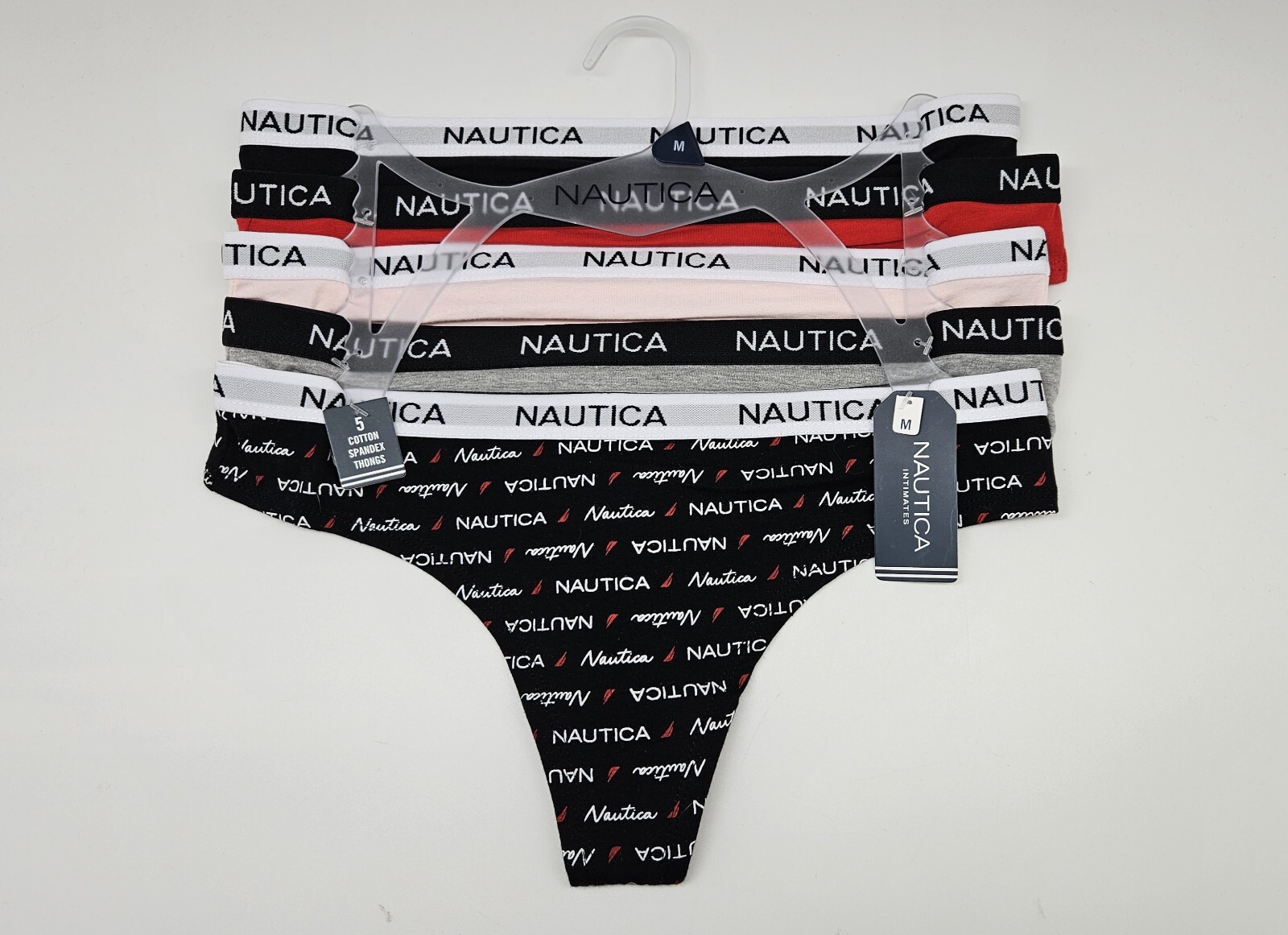 5Pk NAUTICA Women’s S M L XL Cotton Logo Thong Panties Black White Gray Red Pink
