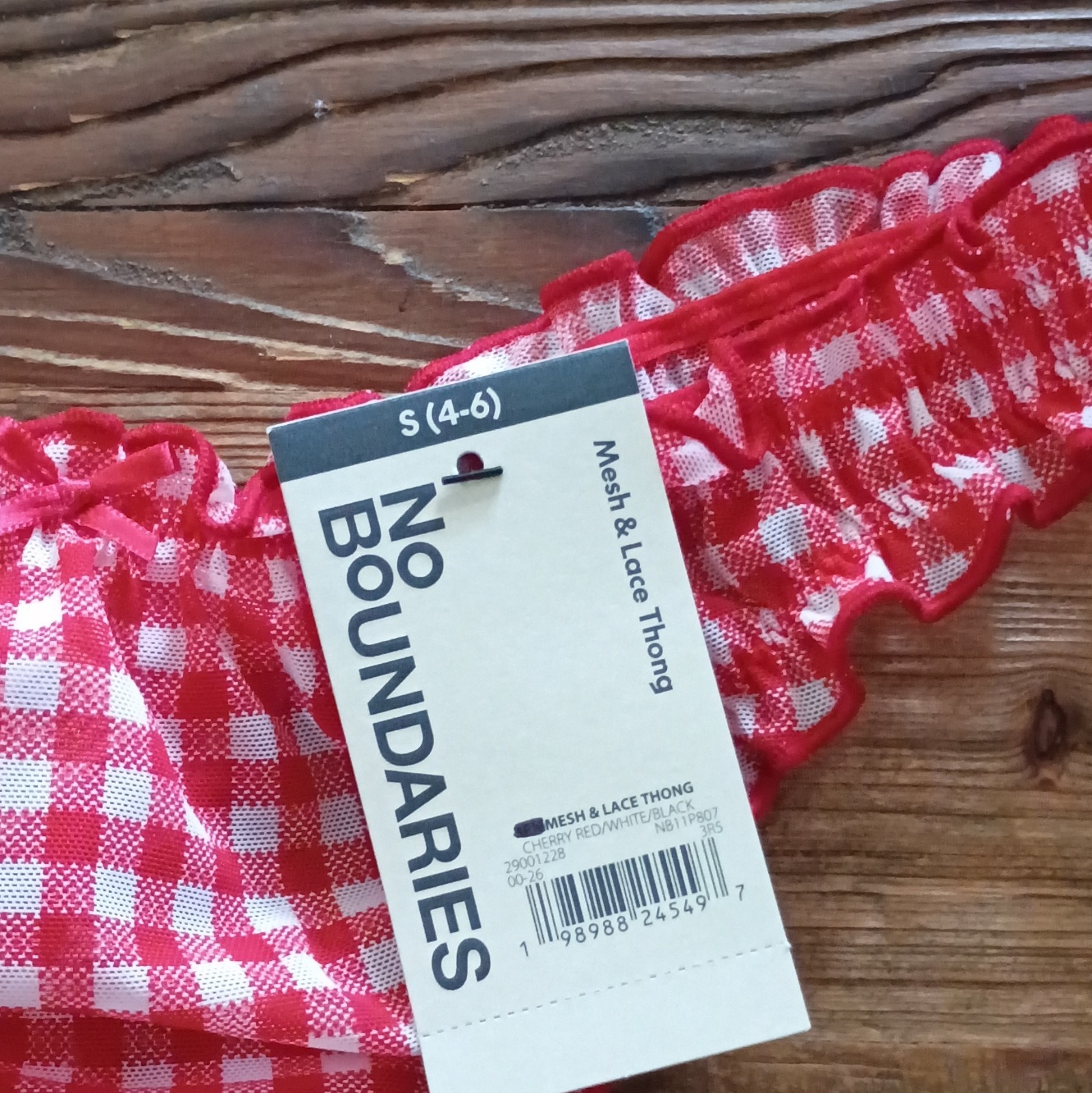 Women’s No Boundaries Cherry Red Gingham Mesh Lace Thong Panties Size S