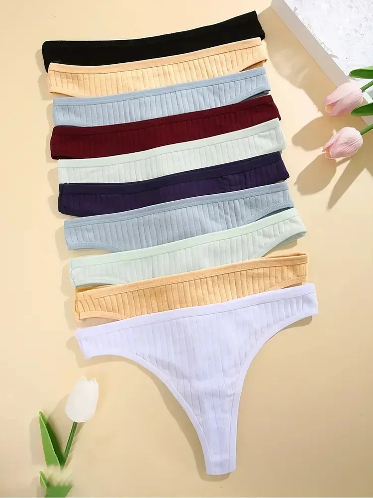 Low Rise Cotton Thong Panties Ribbed Stretch Breathable Soft Comfortable 6PCS