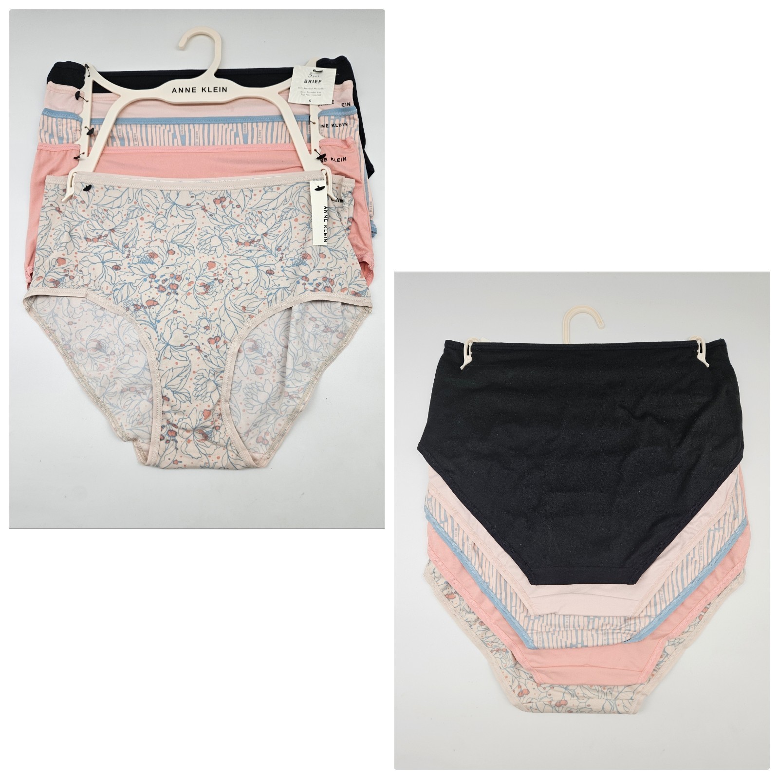 ANNE KLEIN 5 Pk Women’s S M L XL Microfiber Brief Panties Black Blush Pink Cream