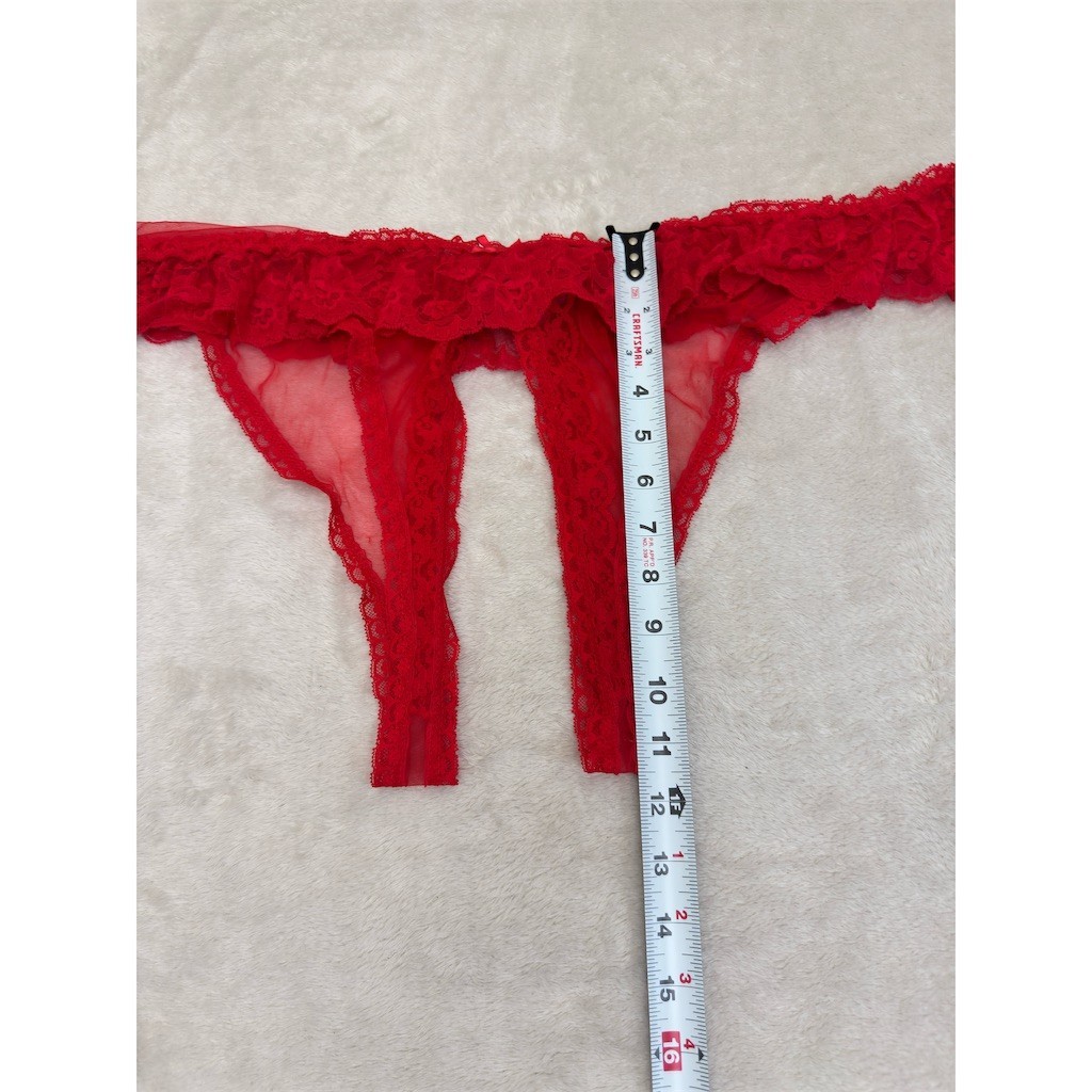 Intimate Attitudes Thong Panty Womens 2XL Red Lace Open Crotch Sheer Bow NEW!