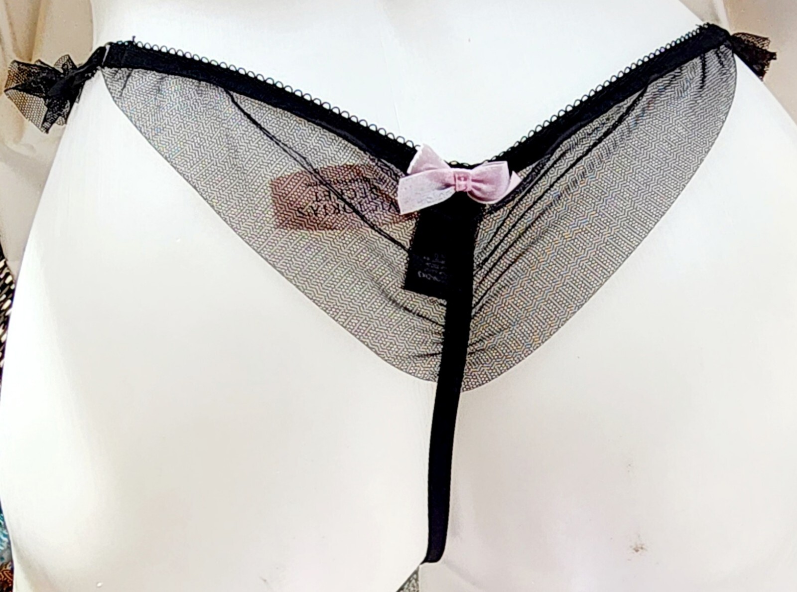 Victorias secret L Rare Vintage Black Silver Stars Thong Ruffled Tulle Panty Bow