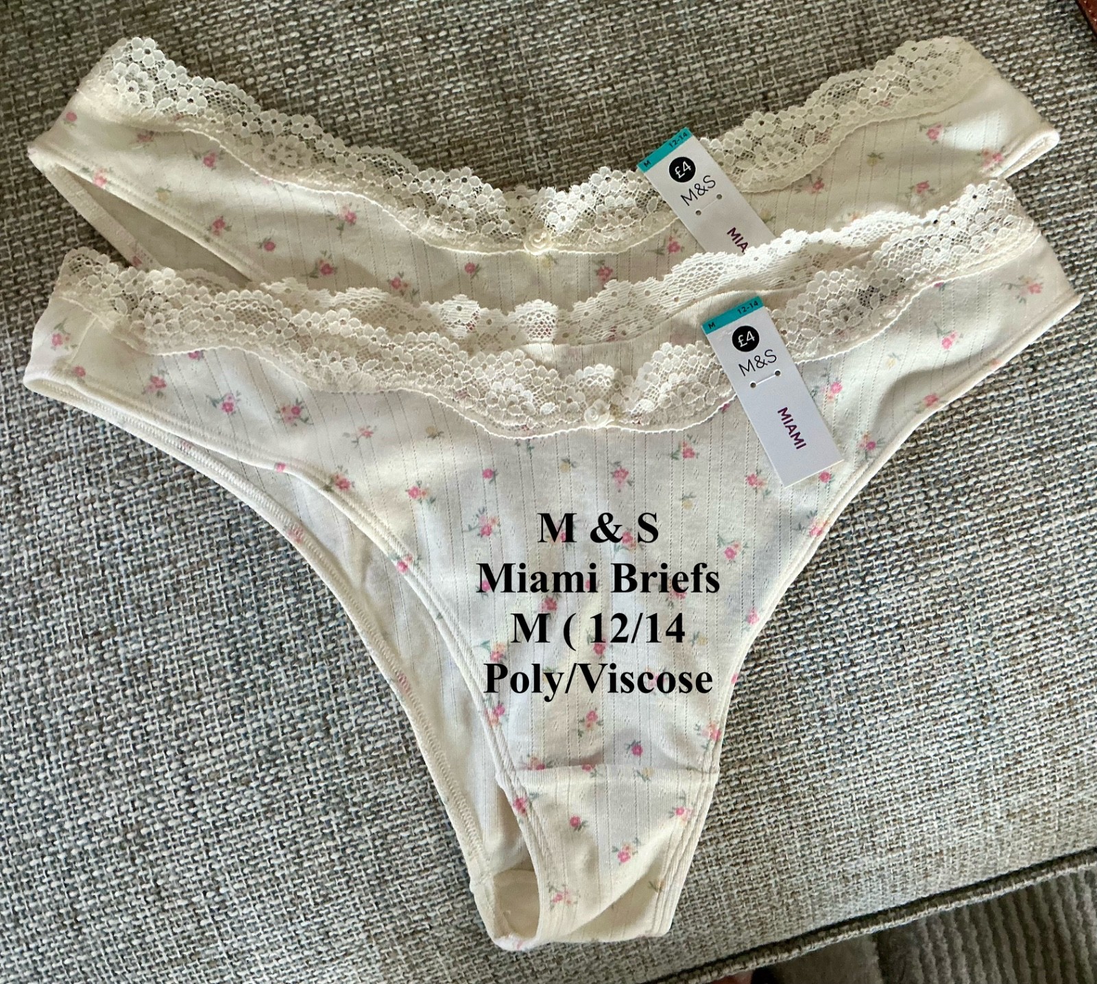 2 PACK M & S MIAMI BRIEFS ~ 12-14 ( M ) ~LIGHT CREAM ~ 52% POLYESTER 32% VISCOSE