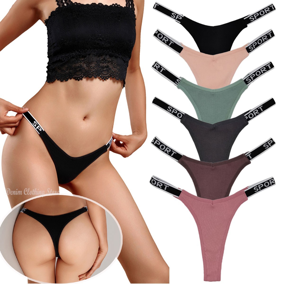 6 Pack M L XL Women Ribbed Cotton Sport Thong Panties V Shape G-String Underwear
