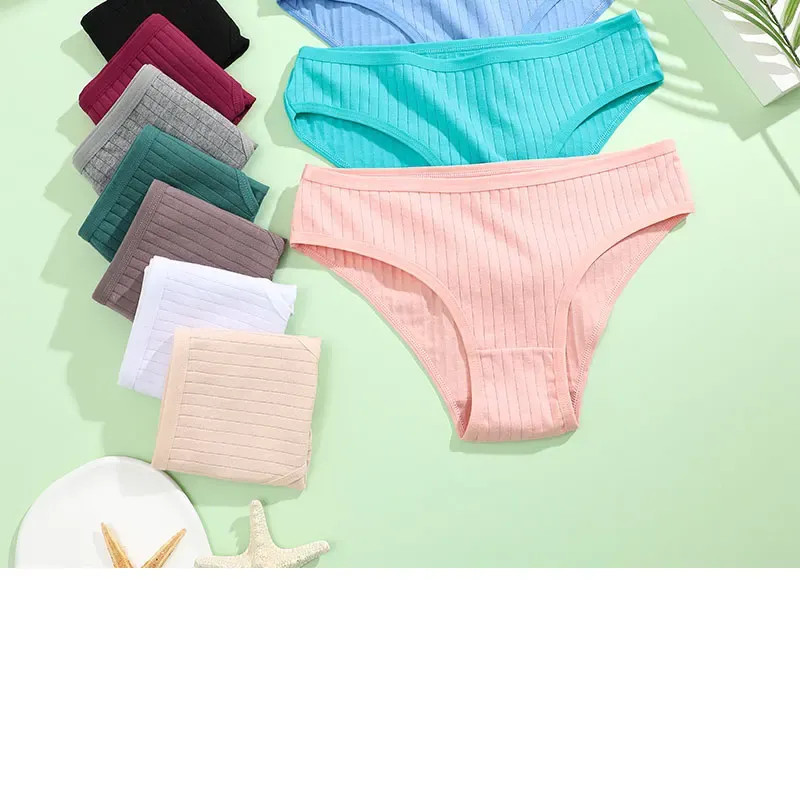 4PCS/SET Women’s Cotton Panties Sexy Soft Striped Underpants 12 Solid Color