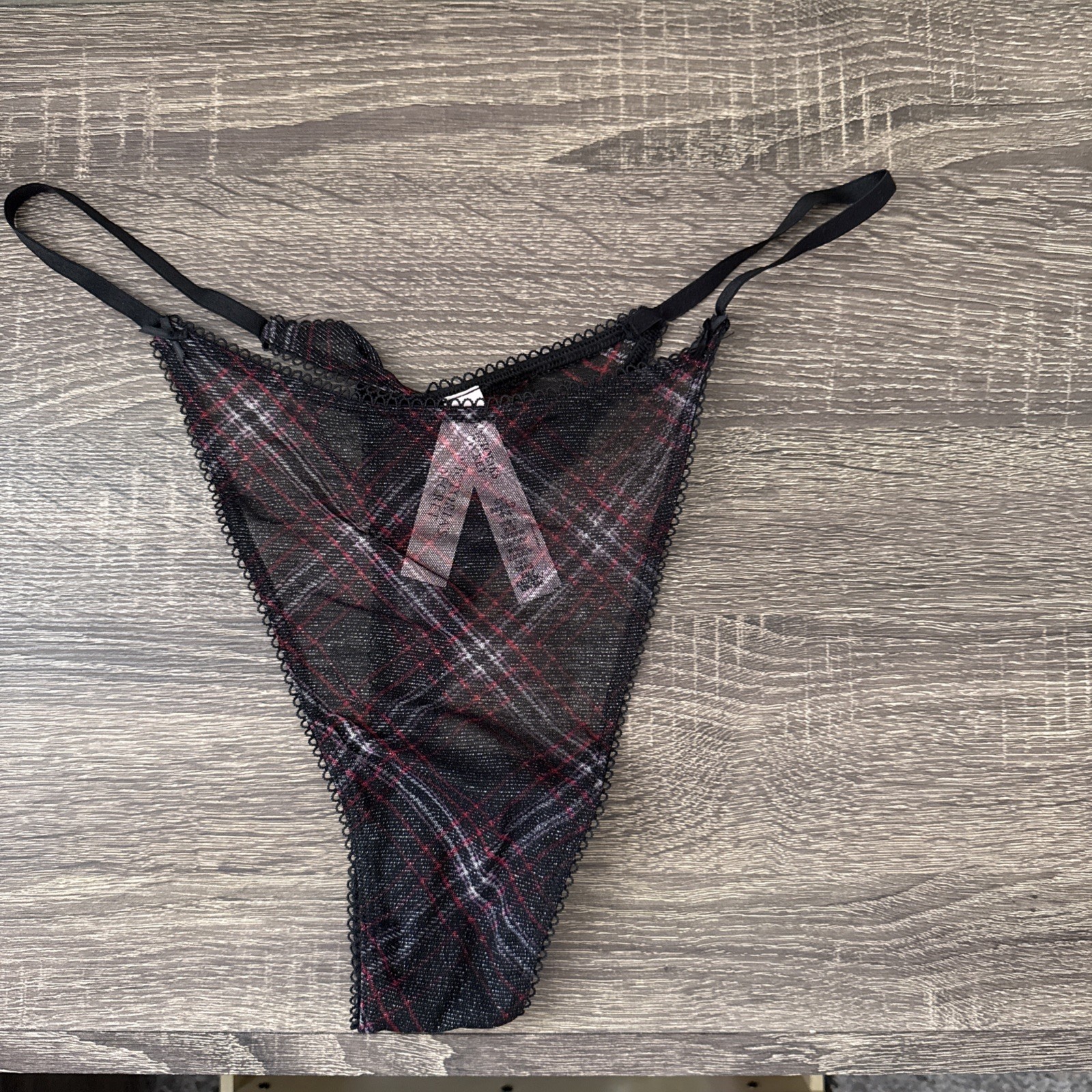 Victoria’s Secret XXL Black Mesh Plaid Thong Panties