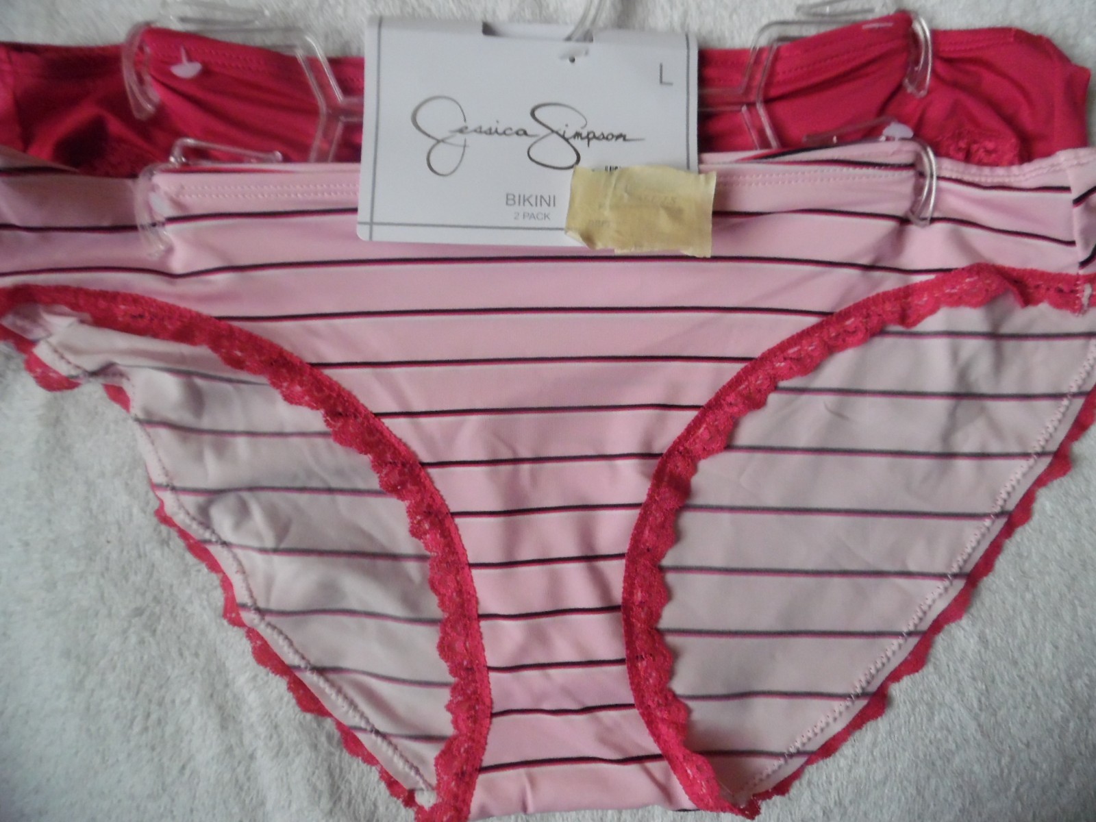 TWO NYLON SPANDEX JESSICA SIMPSON BIKINIS PANTIES PINK, L. PINK STRIPE SMALL S