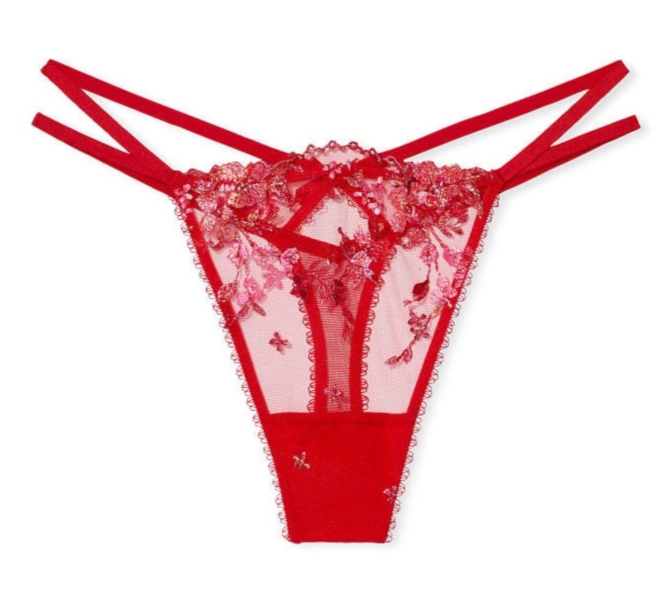 Victorias Secret VERY SEXY FLORAL EMBROIDERY THONG ROSE AND BOWS PANTY S Red NWT