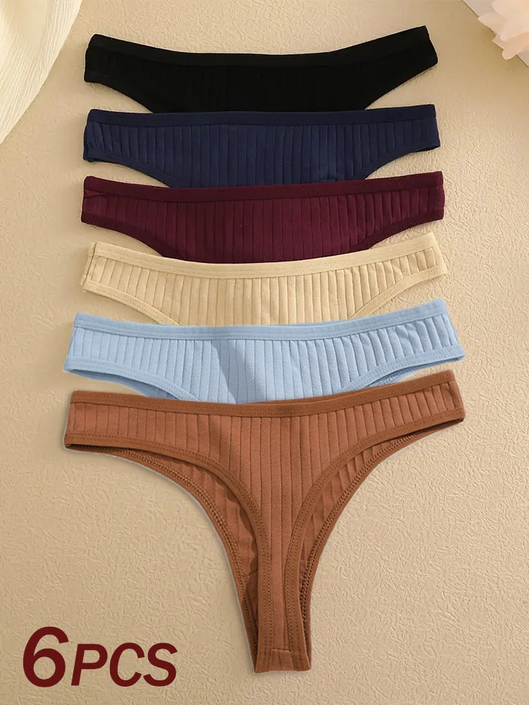 Low Rise Cotton Thong Panties Ribbed Stretch Breathable Soft Comfortable 6PCS