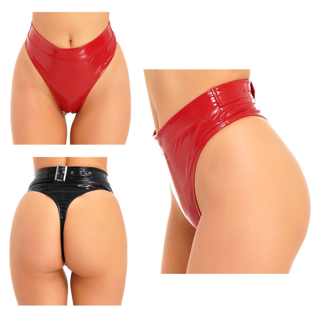 Womens Sexy Patent Leather Briefs Solid Color Buckle Belted Panties Underwear