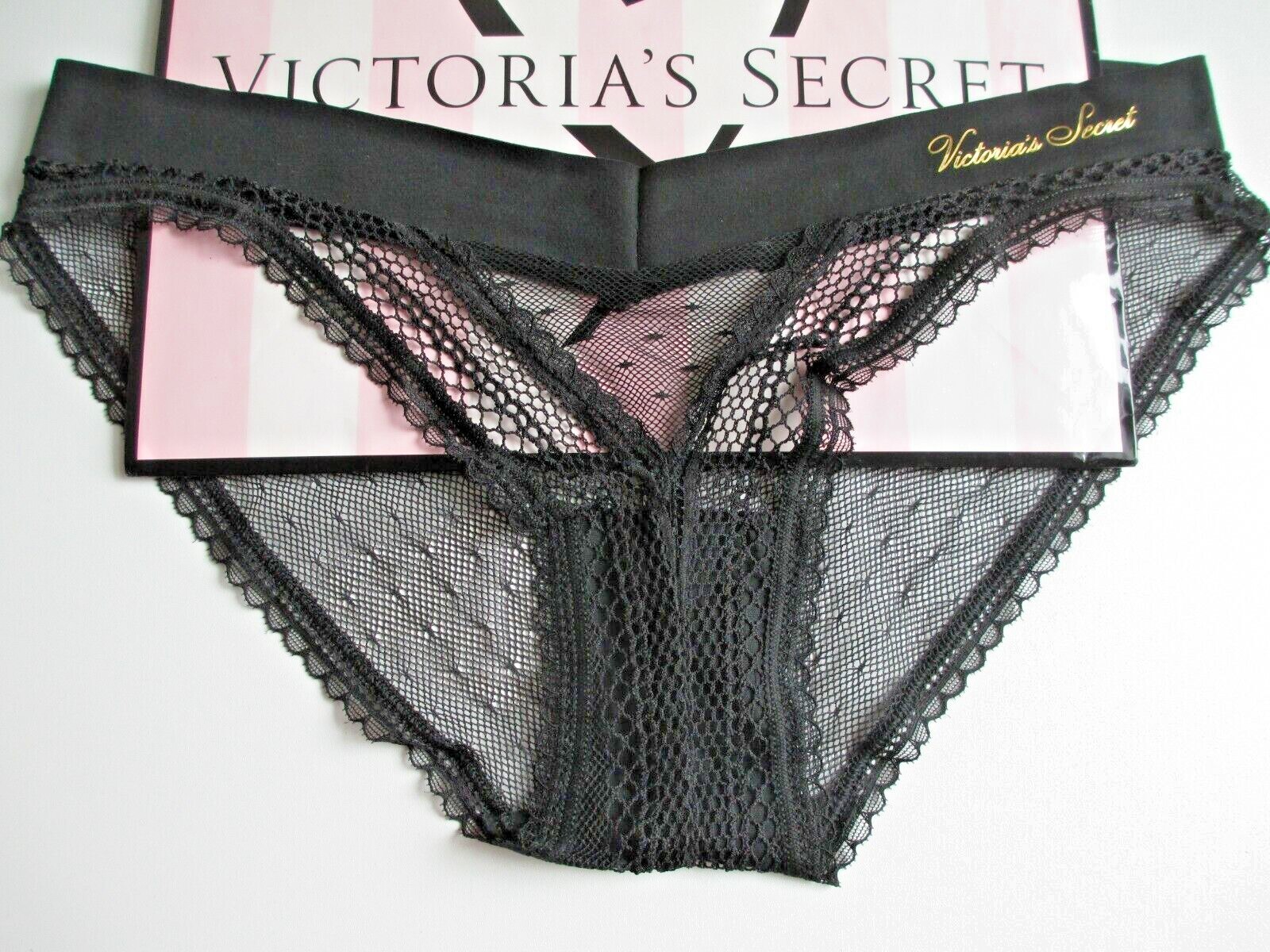 VICTORIA’S SECRET Bikini Panty NWT Black M L Fishnet Lace & Mesh VS
