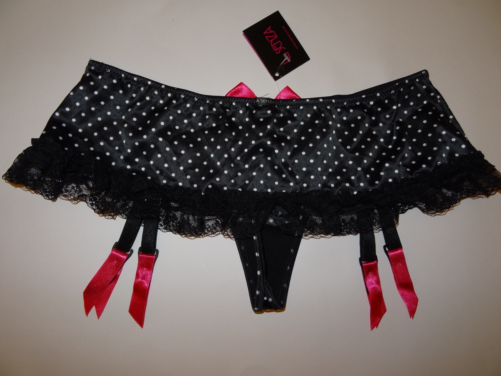 Bnwt La Senza 8 10 12 14 Suspender Thong Black Satin Lace Pink Bow