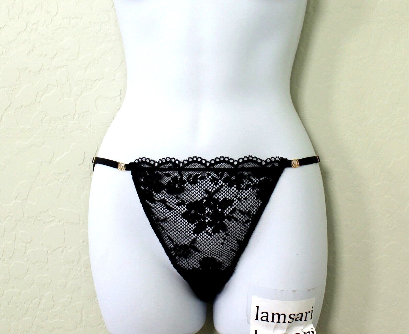 Victoria’s Secret Lace Fishnet Sheer Adjustable String Bikini Panty Black Size M