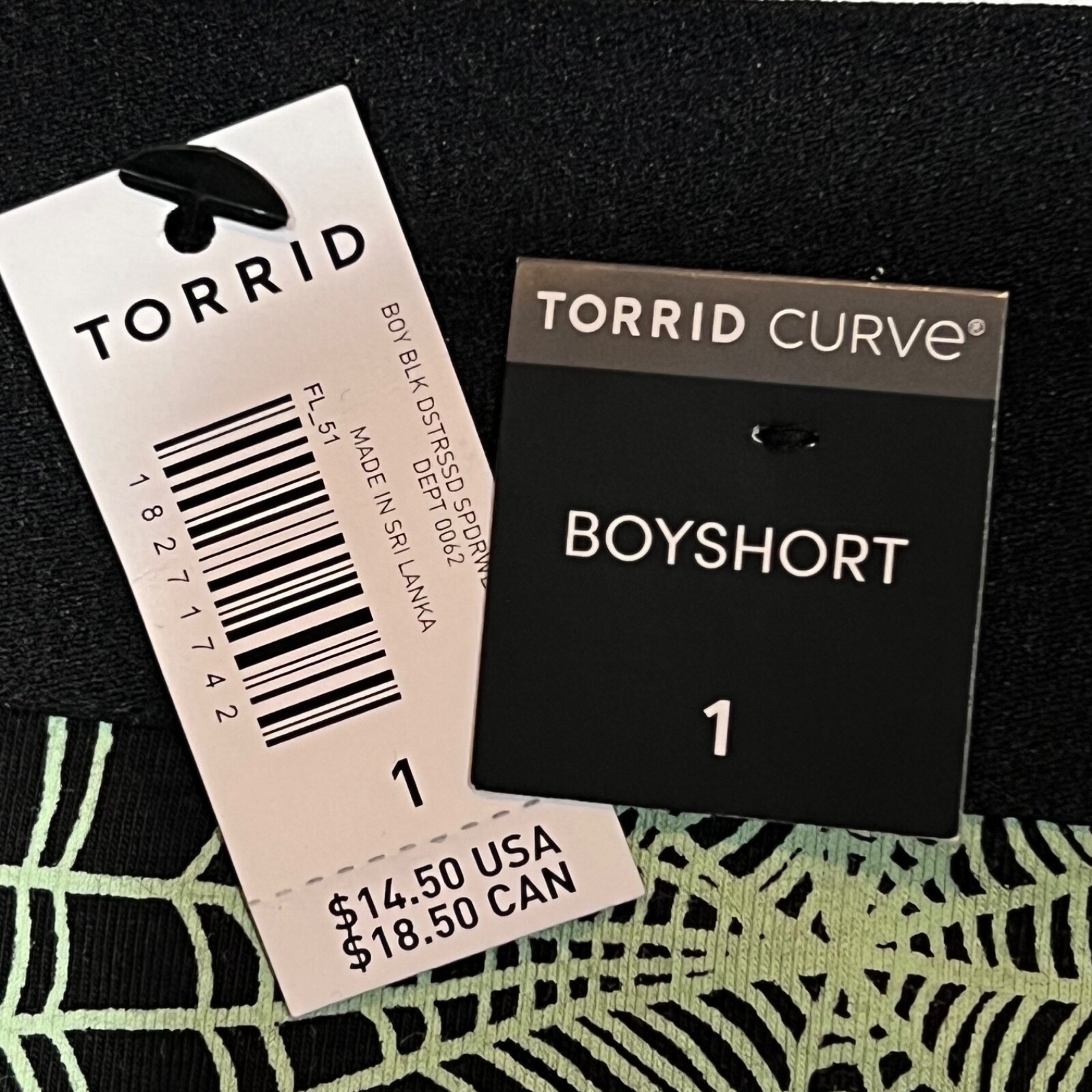 NWT TORRID Boyshort Pantie Sz 1X-2X-3X-4X Black Green Spider Webs