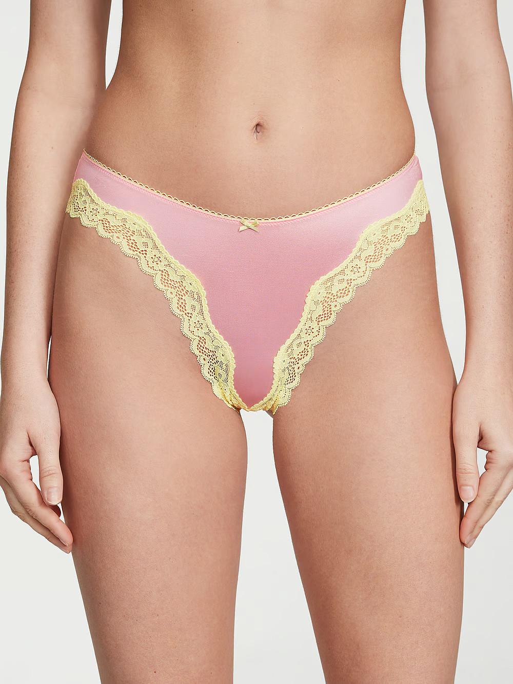 XS Lt Pink Satiny w NEON Citron Lace TEASE Victoria’s Secret HighLeg Thong Panty