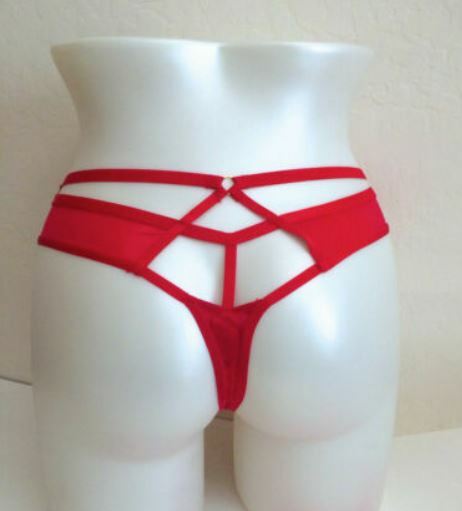 Victorias Secret Sexy Red Silky Strappy Cut-Outs Thong Panties M Metal Accents