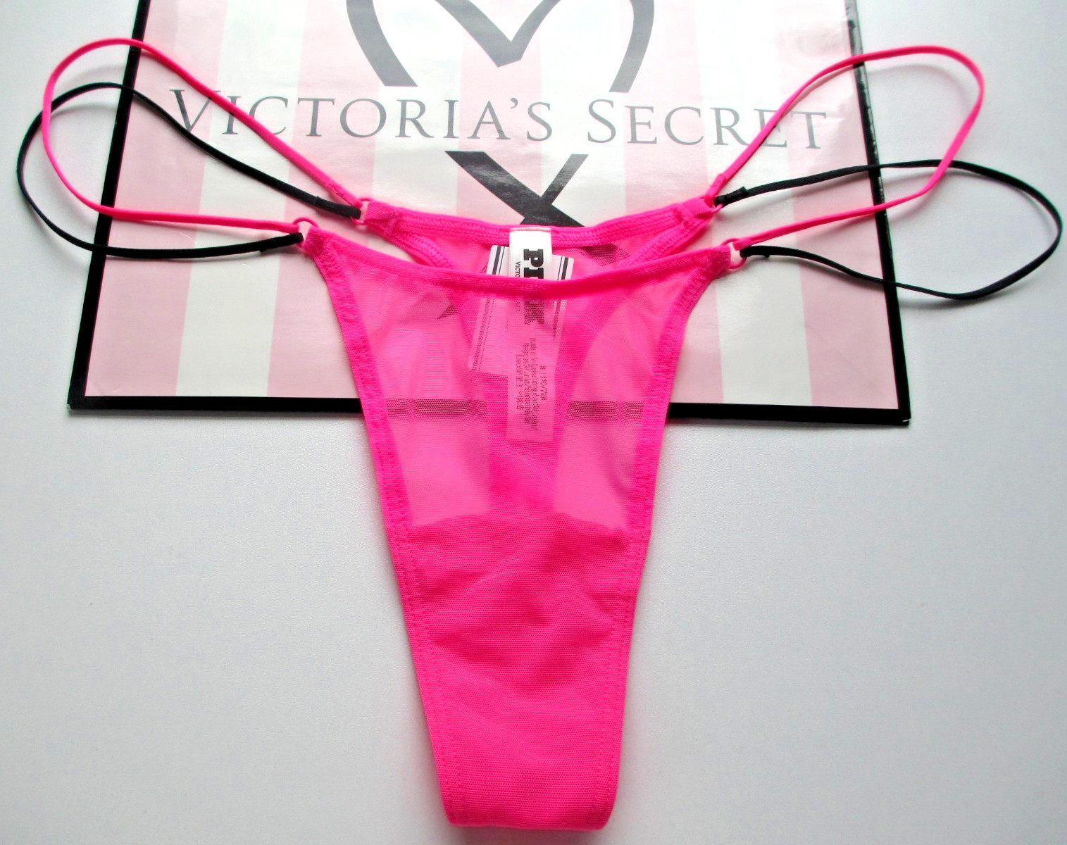 VICTORIA’S SECRET PINK Strappy Micro Thong Panty VS Pink Black Mesh S M L XL