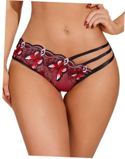 Sexy Panties for Women Butterfly Embroidered Underwear Mesh Small Red-1 Pack