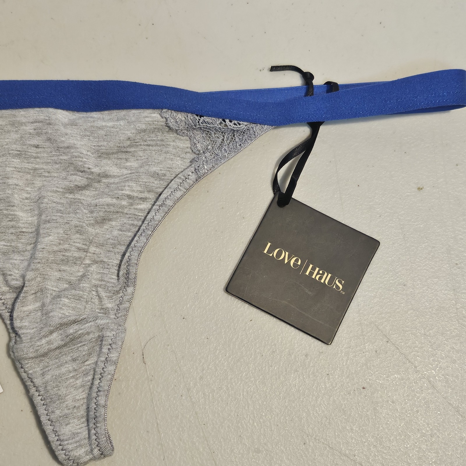 Love Haus By Beach Bunny Heather Grey Blue Lace Trim Thong Panty XL SR2019